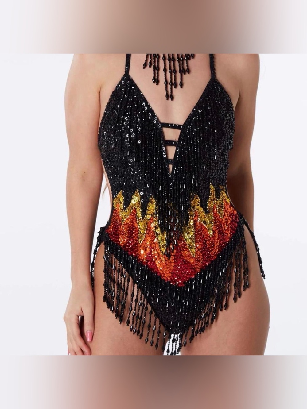 Black Sequin Fringe Bodysuit with Flame Detail